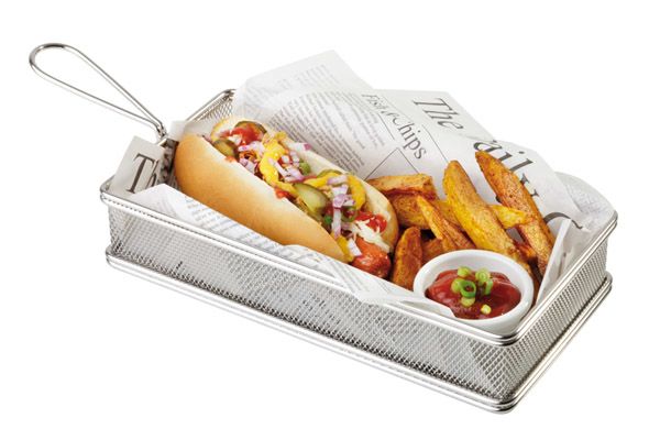 Servier-Frittierkorb SNACKHOLDER 26 x 13 cm, H: 5 cm, Edelstahl, Griff: 9,5 cm