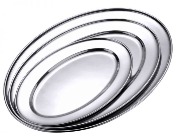 Bratenplatte, oval, flache Form, Edelstahl, 45 x 29 x 2 cm