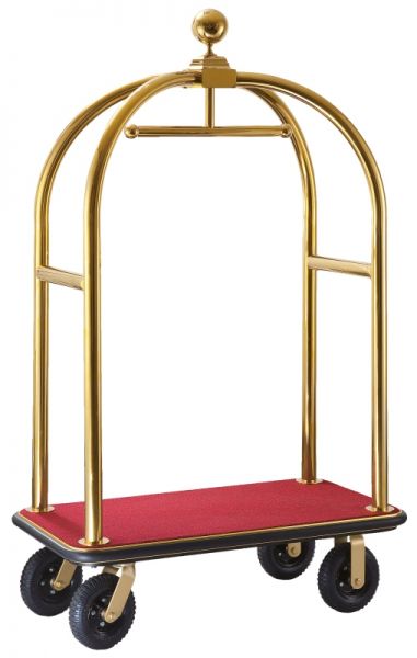 Hotelgepäckwagen, goldfarben, Edelstahl, roter Textilbelag, 110 x 61 x 191 cm
