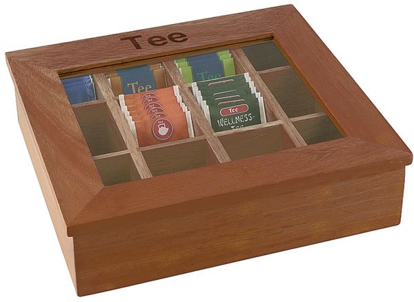 Teebox mit 12 Kammern 31 x 28 cm, H: 9 cm, rotbraune Holzbox, mit Sichtfenster