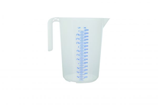Messbecher, 3,0 ltr., geprägte Skala, blaue Schrift, offener Griff
