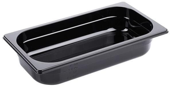 GN-Behälter 1/3, Polycarbonat schwarz, 17,6 x 32,5 cm Tiefe: 65 mm, I: 2,71 ltr.