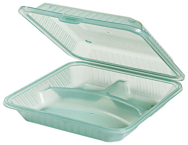 Eco-Takeout : Mehrweg- Behälter, flacher Deckel, 3 Fächer, grün, 23 x 23,5 x 6,5 cm