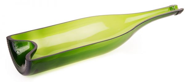 Offene Sektflasche, grünes Glas, längsseitig halbiert, 45 x 13 x 6 cm