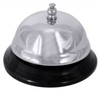 Rezeptionsklingel, verchromt, schwarzer Metallfuß, D: 8,5 cm, H: 6 cm Rezeptionsklingel, verchromt, schwarzer Metallfuß, D: 8,5 cm, H: 6 cm
