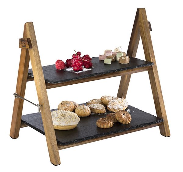 Serviergestell 2-stufig, 36,5 x 26,5 cm, H: 34 cm, Akazienholz, 2 Schieferplatten