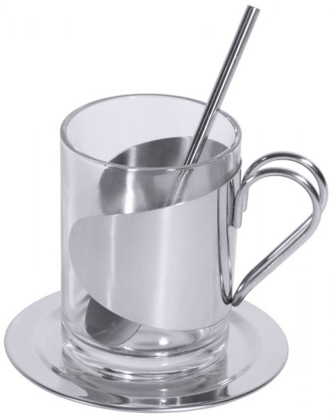Teeglas-Set, Mit Untertasse und Trinkhalm, Edelstahl, I: 0,15 ltr., D: 6 cm, H: 8,5 cm