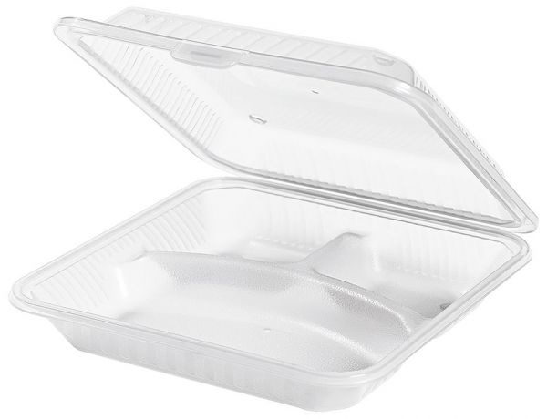 Eco-Takeout : Mehrweg- Behälter, flacher Deckel, 3 Fächer, weiss, 23 x 23,5 x 6,5 cm