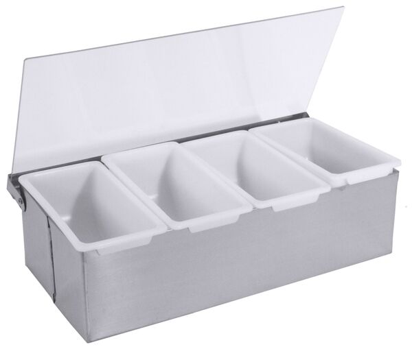 Zutatenbehälter mit 4 Schalen, I: 0,5 ltr., 30 x 14 x 8,5 cm, Edelstahl