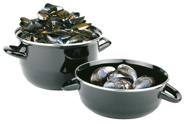 Servier-Muscheltopf für 0,5 kg, , D: 13,5 cm, H: 9 cm, schwarz emailiertes Stahlblech, Topf 0,75 ltr.