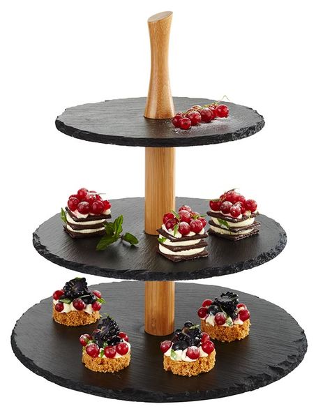 3-stufige Etagère D: 30 / 25 / 20 cm, H: 34 cm, Naturschiefer, Akazienholz möbelschonende Füsschen