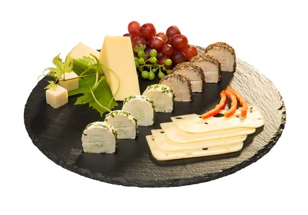 Tortenplatte / Servierplatte D: 32 cm, H: 2,5 cm, Naturschieferplatte, drehbar, gebrochene Kanten