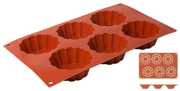 Silikon-Backmatte Briochette, 6 Formen, D: 8 cm, H: 3 cm