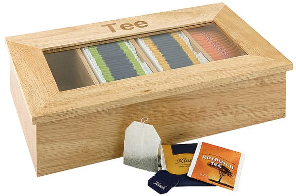Teebox 33,5 x 20 cm, H: 9 cm, Holz, natur, mit Aufschritt Tee,