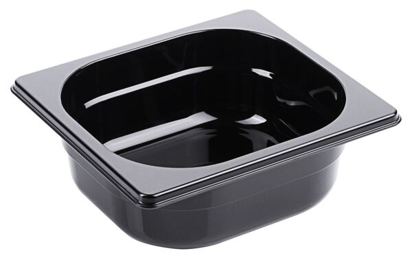 GN-Behälter 1/6, Polycarbonat schwarz, 17,6 x 16,2 cm Tiefe: 65 mm, I: 0,85 ltr.