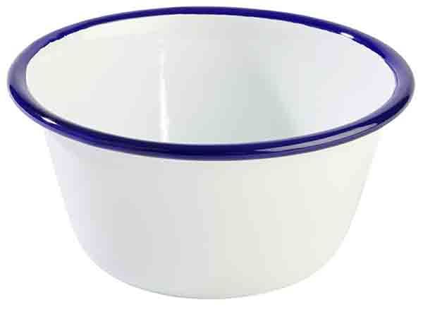 Schale, Emaille-Geschirr, D: 13 cm, H: 6 cm, 0,5 ltr., weisses Stahlblech, blauer Rand