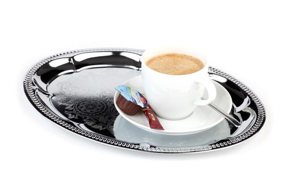 Serviertablett KAFFEEHAUS, 30 x 22 cm, Metall vernickelt und glanzverchromt, Rand eingerollt