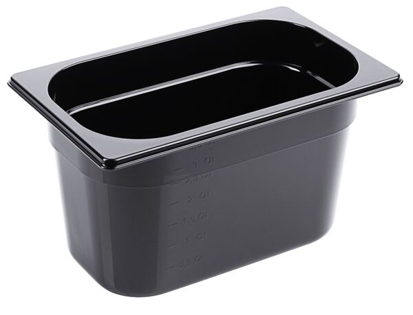 GN-Behälter 1/4, Polycarbonat schwarz, 26,5 x 16,2 cm Tiefe: 150 mm, I: 3,72 ltr.