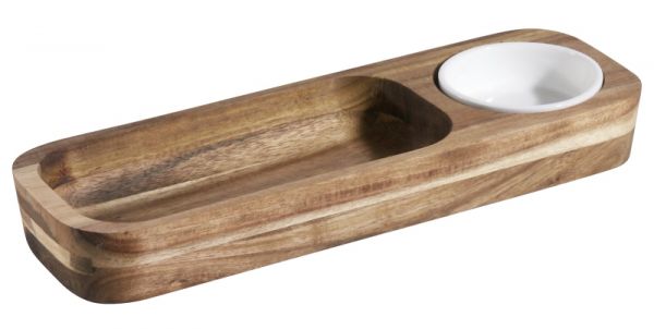 Dip-Set, Akazienholz, tiefe Mulde, mit Dipschälchen aus Porzellan, 30 x 10 x 3,5 cm