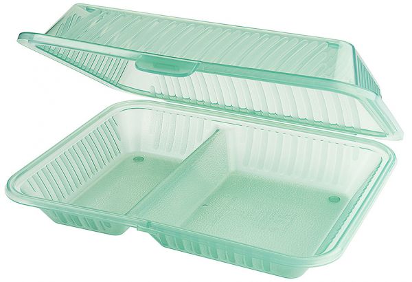 Eco-Takeout : Mehrweg- Behälter, halbhoher Deckel, 2 Fächer, grün, 25,5 x 21 x 7,5 cm