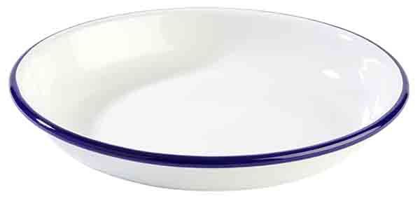 Teller tief, Emaille-Geschirr, D: 18 cm, H: 3,5 cm, weisses Stahlblech, blauer Rand