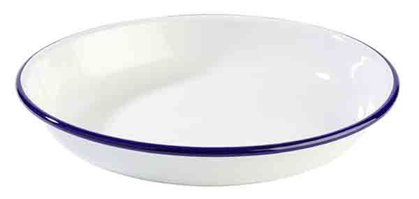 Teller tief, Emaille-Geschirr, D: 24 cm, H: 3,5 cm, weisses Stahlblech, blauer Rand