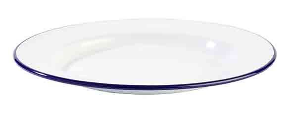 Teller flach, Emaille-Geschirr, D: 26 cm, H: 2 cm, weisses Stahlblech, blauer Rand
