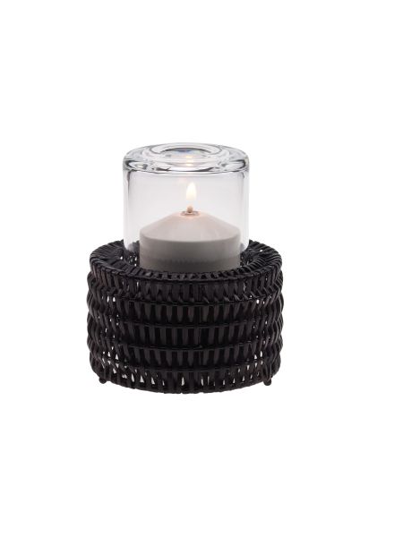 Tischlampe Nour Piccolo 50V, Lampenkörper: rattan dunkel, Glaszylinder: klar gekürzt, Höhe: 16 cm