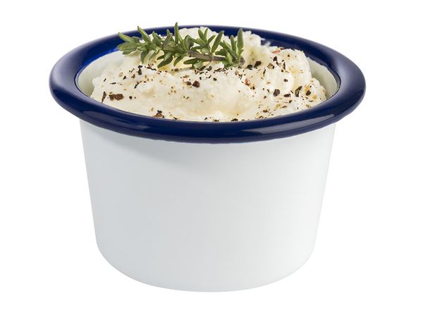 Schale, Emaille-Geschirr, D: 7 cm, H: 4,5 cm, 0,08 ltr., weisses Stahlblech, blauer Rand