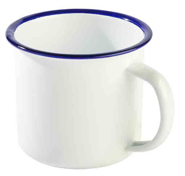 Henkelbecher, Emaille-Geschirr, D: 9 cm, H: 8 cm, 0,35 ltr., weisses Stahlblech, blauer Rand