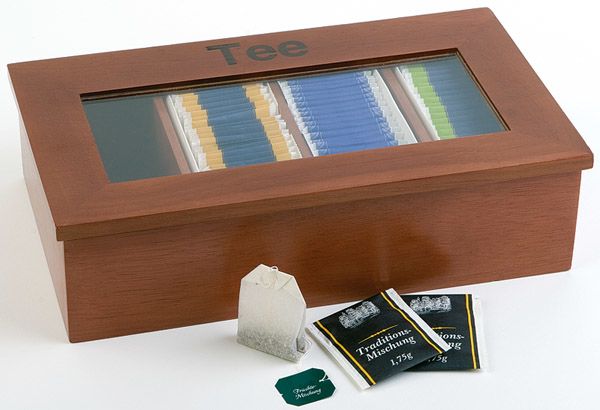 Teebox 33,5 x 20 cm, H: 9 cm, Holz, rotbraun, mit Aufschritt Tee