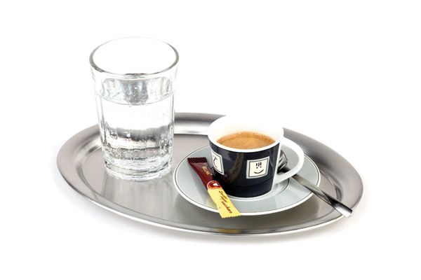 Serviertablett KAFFEEHAUS, 19 x 15 cm, H: 1 cm, oval, Edelstahl, mattiert