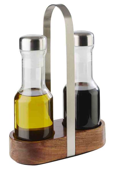 Essig und Öl-Menage WOOD, 16 x 7,5 cm, H: 24,5 cm, 18/8 Edelstahl, mattiert