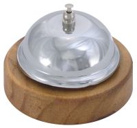 Rezeptionsklingel auf Holzfuß, verchromt, D: 9 cm, H: 6,5 cm Rezeptionsklingel auf Holzfuß, verchromt, D: 9 cm, H: 6,5 cm