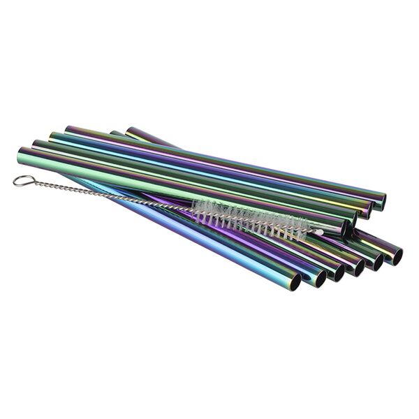 Trinkhalme 11er Set, D: 8 mm, Länge: 15 cm, 18/8 Edelstahl, Regenbogen-Look