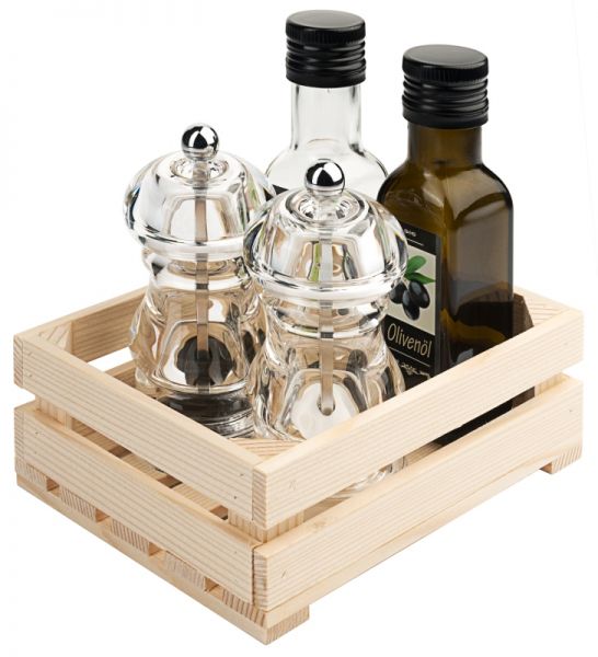 Menage in Holzkiste mit Salz-/ Pfeffermühle und Ölflasche, 17 x 13 x 16 cm