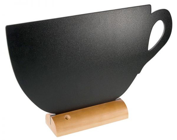 Aufsteller Tafeln Tasse, schwarzer Melamin, Holzfuß, 22 x 34 cm