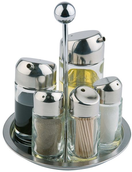 Menage 6-teilig, D: 16 cm, H: 20 cm, Edelstahl, Essig und Öl-Glasbehälter