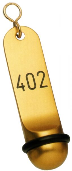 Hotelschlüsselanhänger, Leichtmetall, goldfarben, klassische Form, B: 3 cm, H: 11,5 cm
