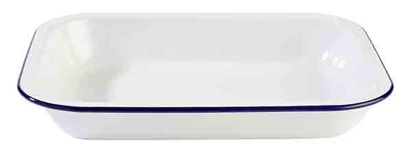 Schale, Emaille-Geschirr, 28 x 23 cm, H: 4,5 cm, weisses Stahlblech, blauer Rand