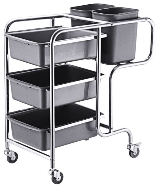 Abräumwagen, drei Geschirrwannen, zwei Eimer, PP, Edelstahl, 85 x 45 x 90 cm