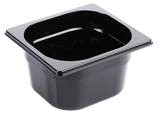 GN-Behälter 1/6, Polycarbonat schwarz, 17,6 x 16,2 cm Tiefe: 100 mm, I: 1,56 ltr.